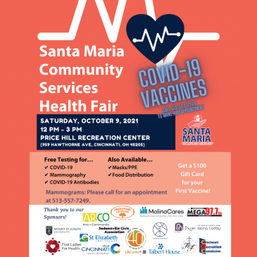 Santa Maria’s FREE Health Fair, October 9, 2021 from 12 to 3 p.m. at the Price Hill Recreation Center